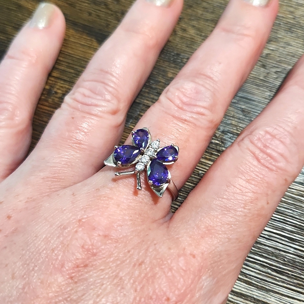 SS purple Butterfly CZ, solid Sterling Silver, stunning ring, purple, size 7
